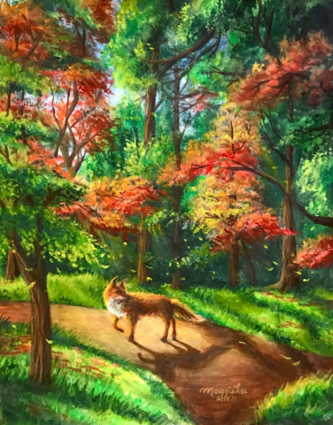 autumn painting of fox in woods